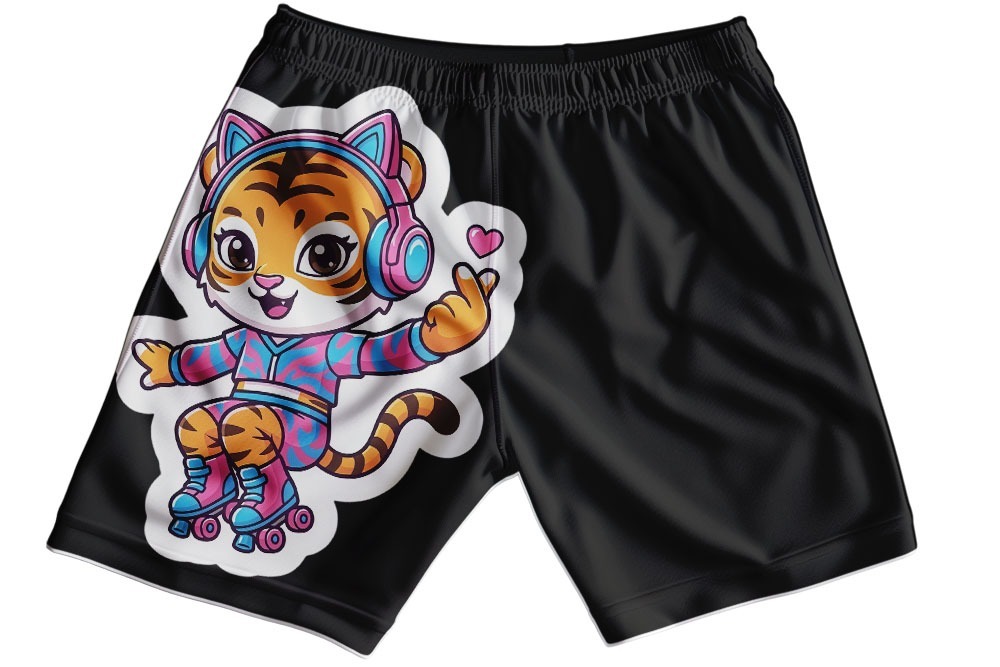 Kids Beige Tiger Girl Graphic Shorts – Cute Cartoon Roller Skating Summer Shorts