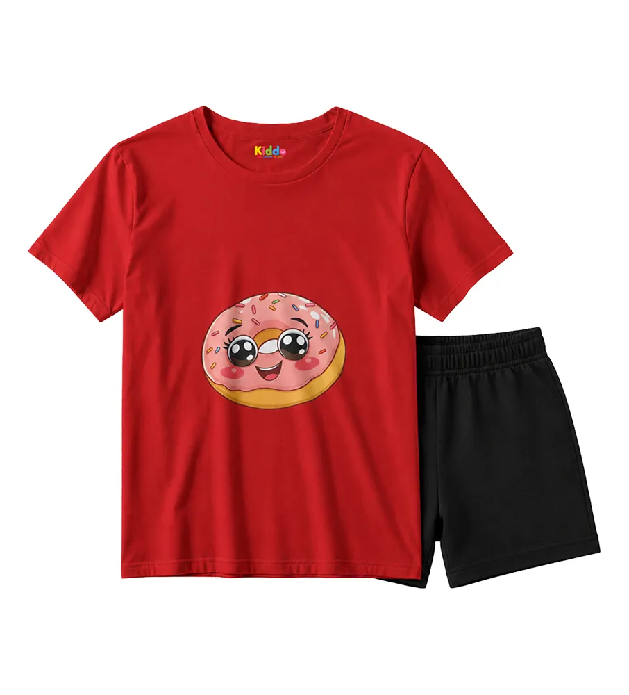 Kids Cute Smiling Donut Graphic T-Shirt & Shorts Summer Set – Red & Black