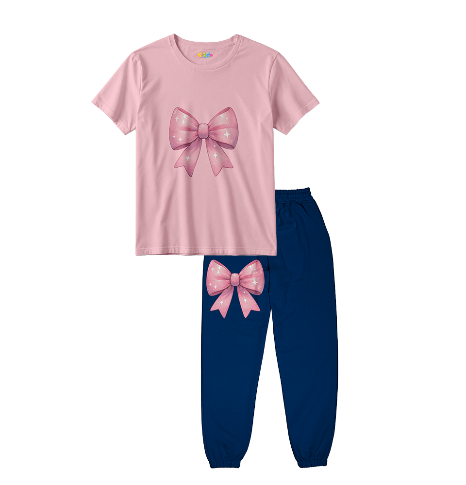 Girls Pink Bow T-Shirt & Jogger Set