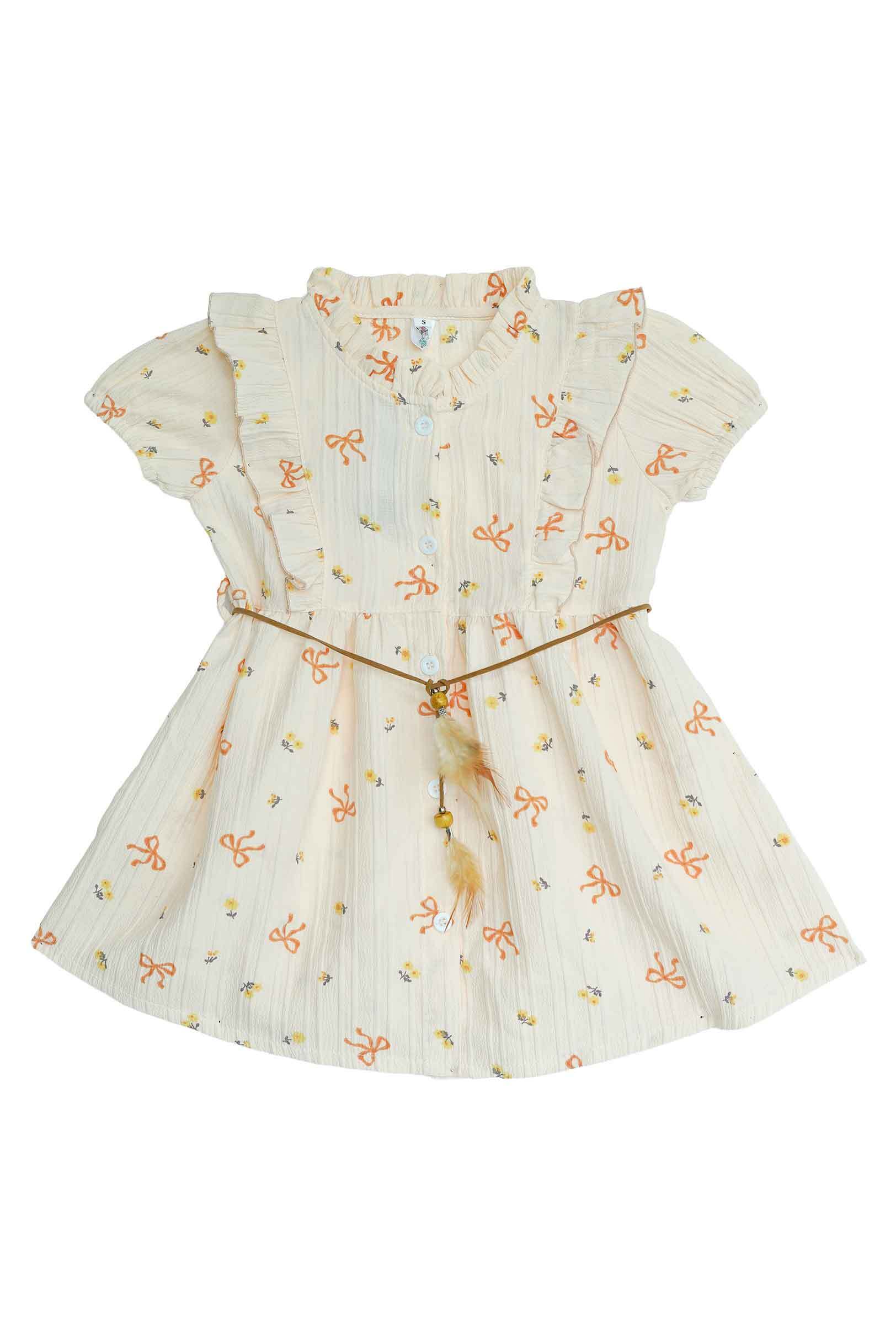 Cream Floral & Bow Print Girls Cotton Dress with Belt